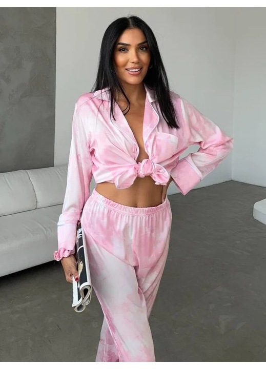 Set pijama dama Delis, 2 piese, roz floral, material satin mat, marime S