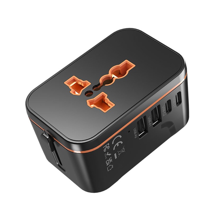 Adaptor universal de călătorie, 1 priză AC, 2xUSB-A, 2xUSB-C, negru-portocaliu