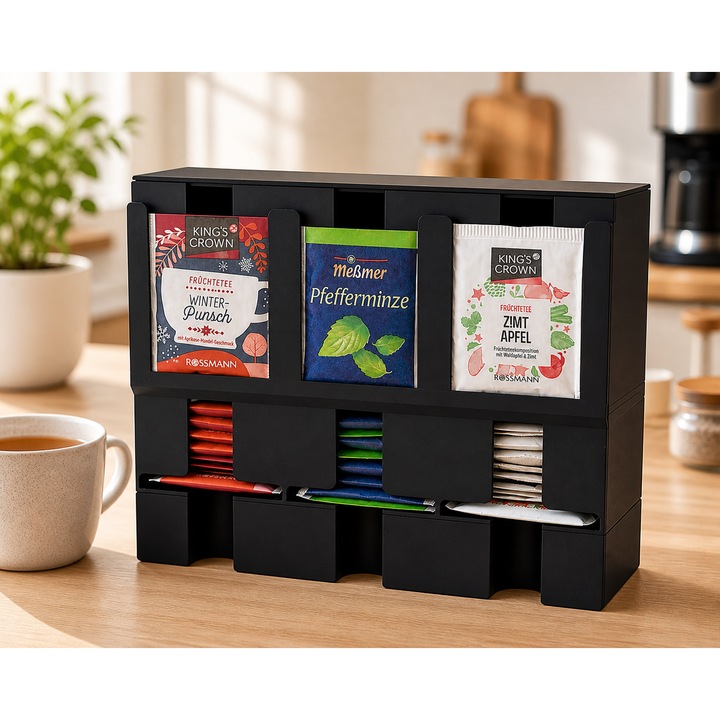 Organizator plicuri ceai cu 3 compartimente, ideal pentru bucatarie sau coffee station