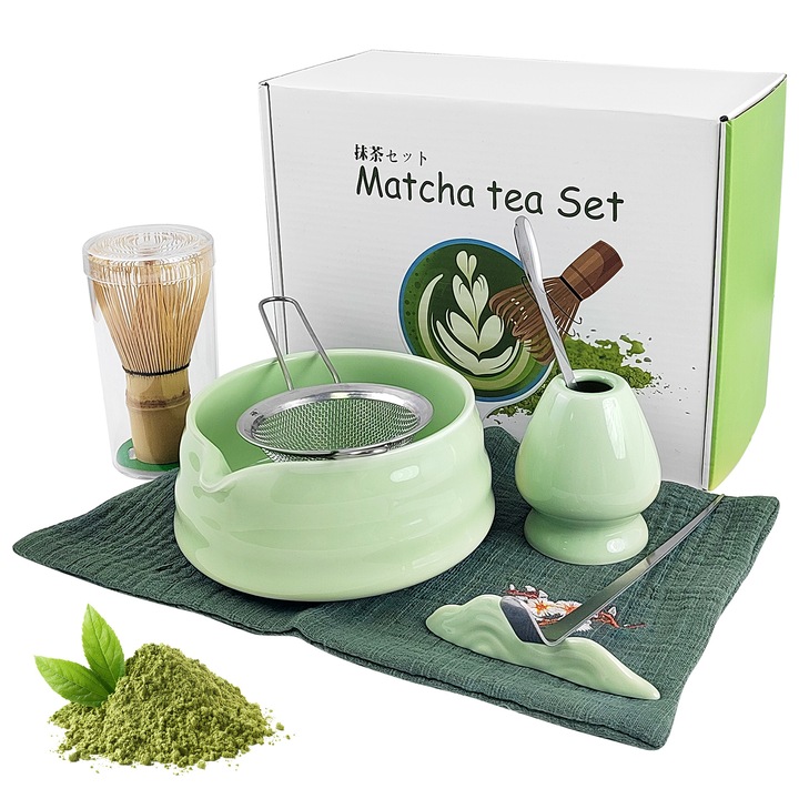 8 részes matcha tea készítő szett, világoszöld, kerámia, bambusz
