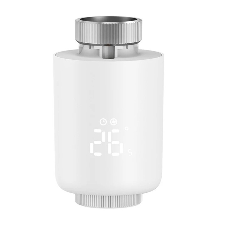 Cap termostatic inteligent pentru radiator, control Bluetooth, temperatură 5-30°C, alb, set de 6 adaptoare