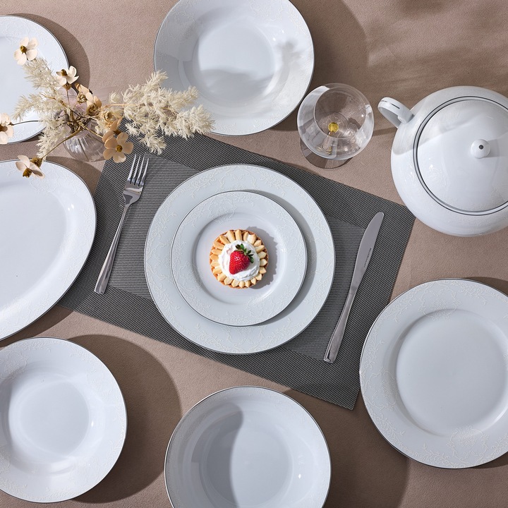 Set de Masa Malooki Royal Lace, 18 Piese, Alb perlat cu detalii argintii, pentru 6 persoane