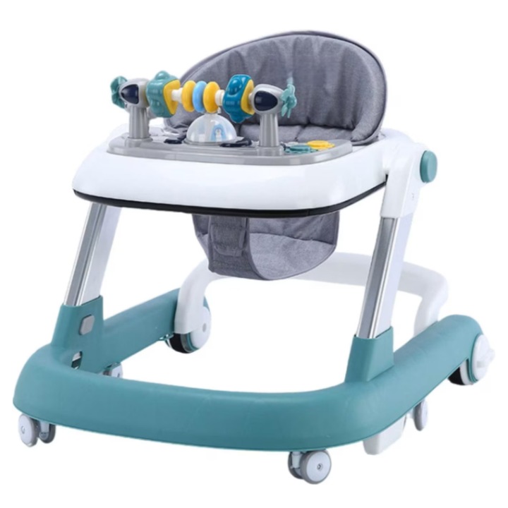 Premergator copii, 2 in 1 reglabil, pliabil, anti cadere, cadru metalic, roti 360 grade, mod antemergator, tavita jucarii cu muzica, albastru