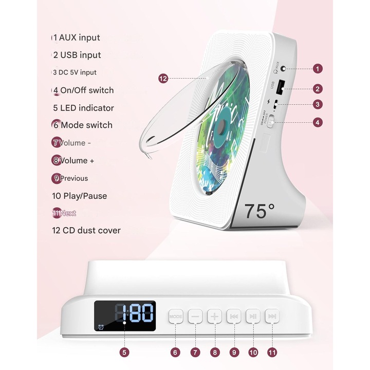 Player CD portabil Greadio, Bluetooth 5.0, HiFi stereo, alb, cu telecomandă