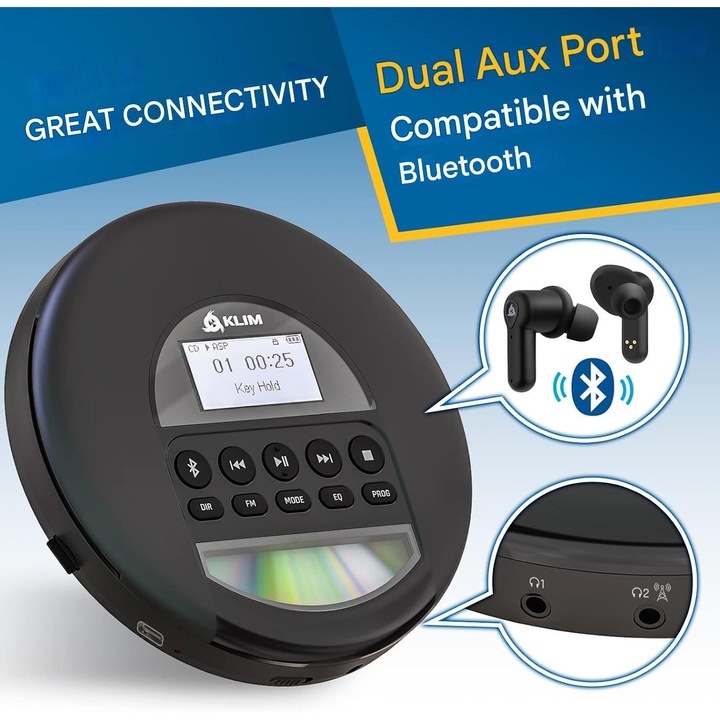 Player MP3 portabil KLIM Nomad, Bluetooth, radio FM, negru, cu căști incluse