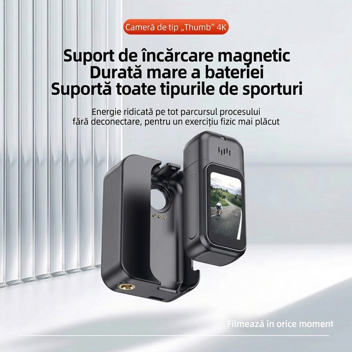 Camera Video Corporala 4K Ultra HD ENZIRO®, Body Cam WiFi, Rotatie 180°, Autonomie 8h cu Dock Magnetic, Waterproof 30m, Ecran HD 1.47”, 256GB, Unghi Larg 120°, Suport Bicicleta & Snur Magnetic