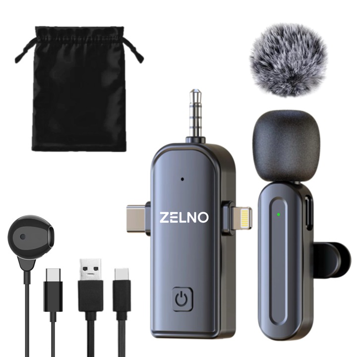 Microfon lavaliera wireless ZELNO®, compatibil USB-C, Lightning, Jack 3.5 mm, Android, iOs, DSLR, laptop, reducere zgomot, omnidirectional, casca monitorizare, gri inchis