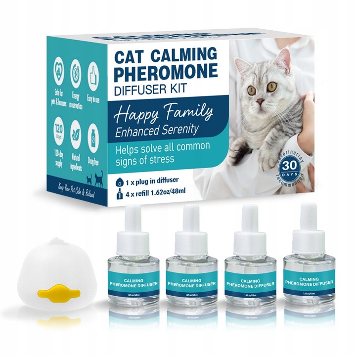 Difuzor cu feromoni pentru pisici, 1 dyfuzor + 4 rezerve, reduce stresul, 48 ml fiecare, multicolor