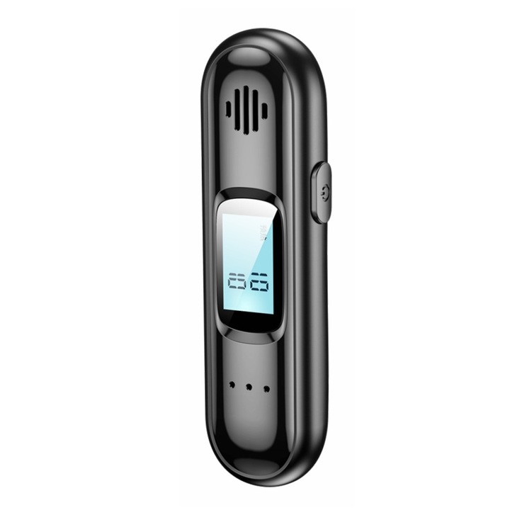 Alcooltest, cu suflare, portabil, diagnosticare rapida, detectare automata, ecran LCD, 250 mA, 100 mm × 28 mm × 16 mm, negru