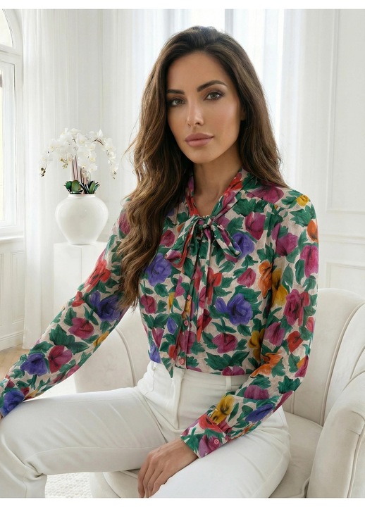Camasa cu model floral colorat si funda la guler, Multicolor