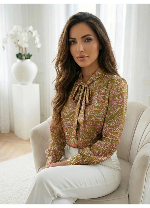 Camasa din vascoza cu imprimeu verde-masliniu si funda la guler, Multicolor