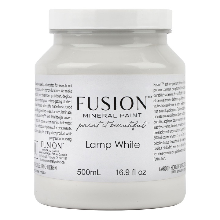 Vopsea pentru mobila Fusion Mineral Paint, Lamp White, alb-gri, finisaj mat, cu protectie integrata, 500 ml