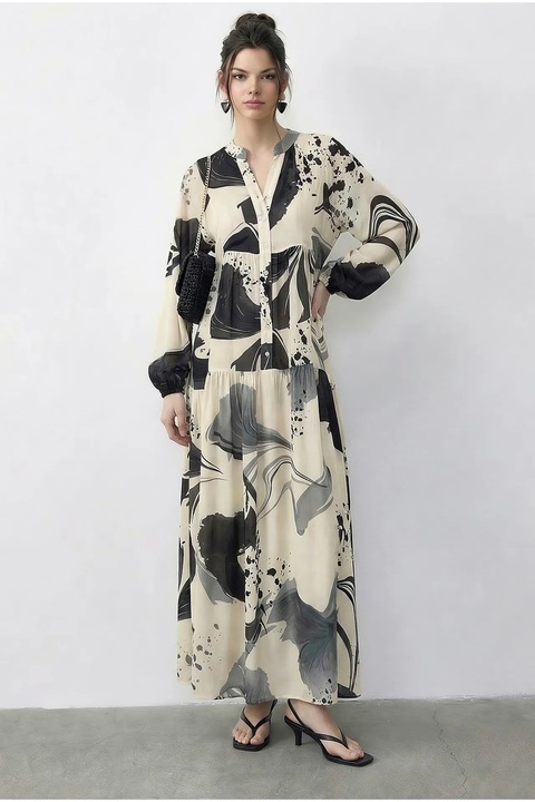 Rochie midi Bianco Lucci, model abstract, bej/gri, decolteu in V, maneci lungi, viscoza
