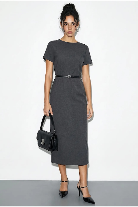 Rochie midi Bianco Lucci, gri carbune, cu cordon, guler rotund, poliester-viscoza