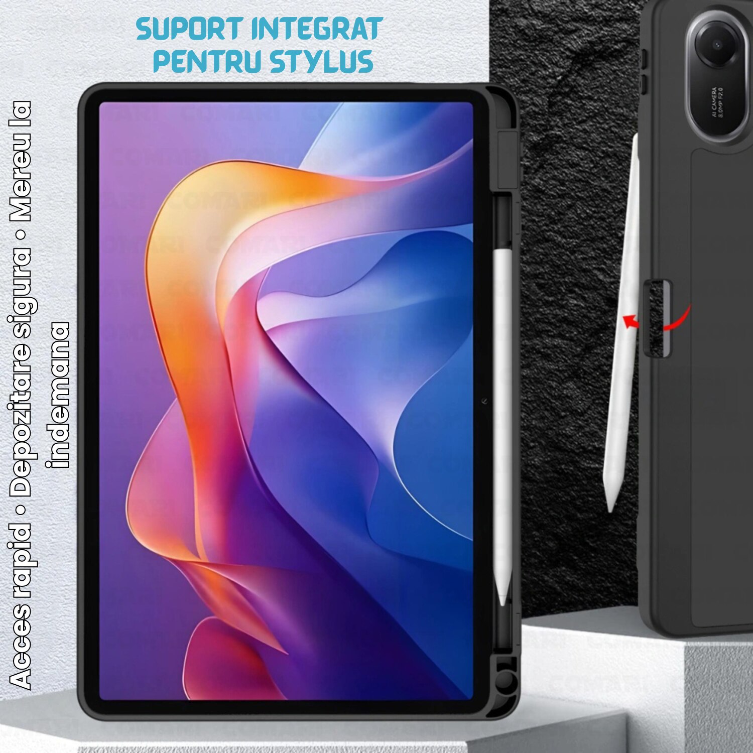 Husa pentru Samsung Galaxy Tab A11 / A9 Comari® EliteCover, protectie completa, functie stand trifold, suport stylus integrat, design elegant tip carte, Albastru Deschis
