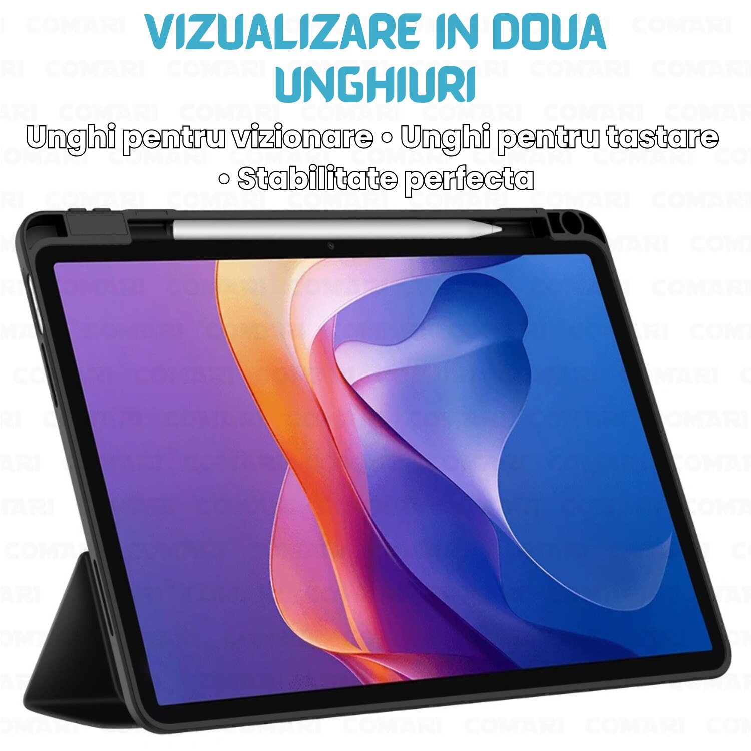 Husa pentru Samsung Galaxy Tab A11 / A9 Comari® EliteCover, protectie completa, functie stand trifold, suport stylus integrat, design elegant tip carte, Albastru Deschis