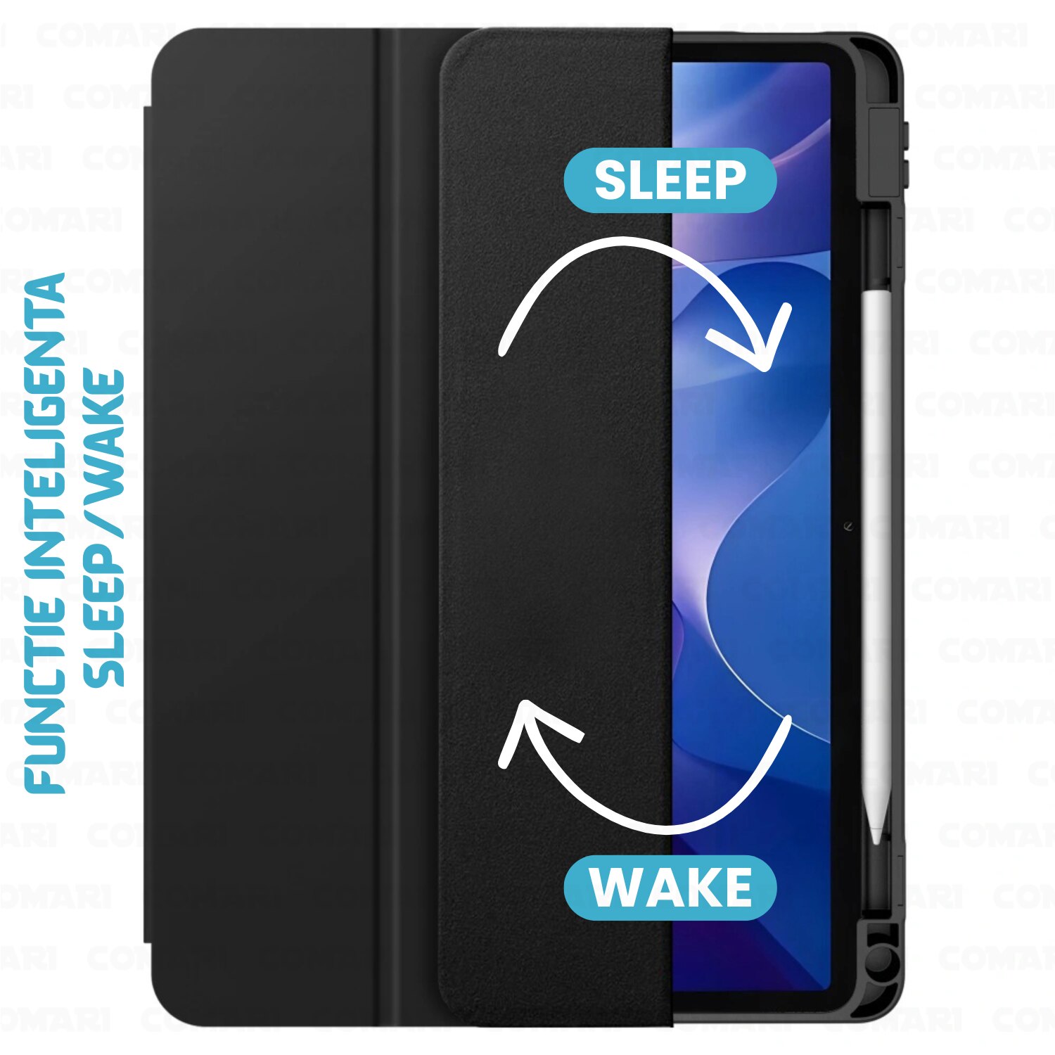 Husa pentru Samsung Galaxy Tab A11 / A9 Comari® EliteCover, protectie completa, functie stand trifold, suport stylus integrat, design elegant tip carte, Albastru Deschis