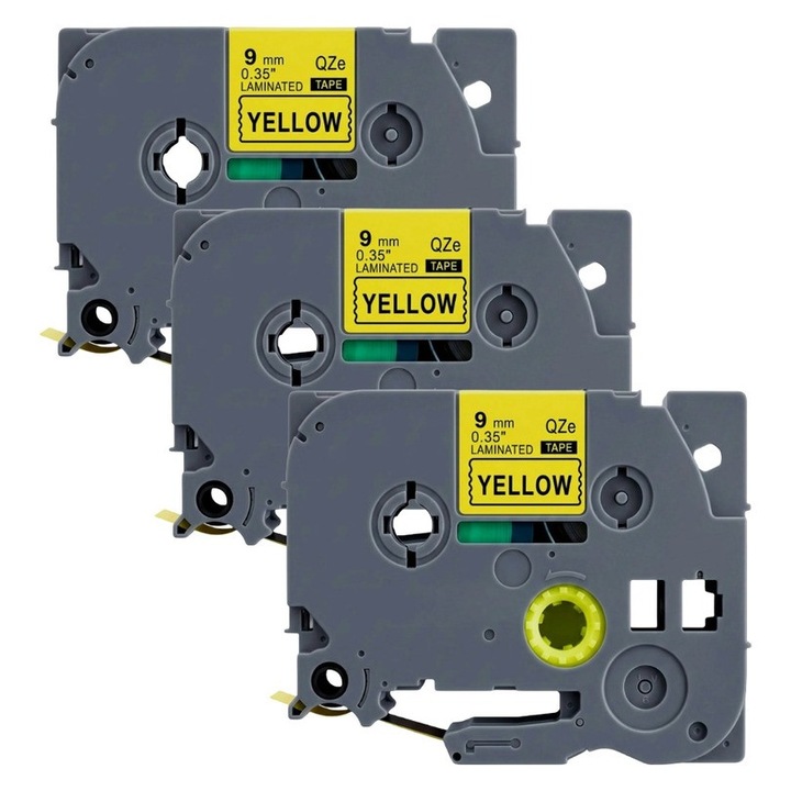 Pachet 3 bucati banda etichete laminate compatibila Brother TZe-621 9mm negru pe galben