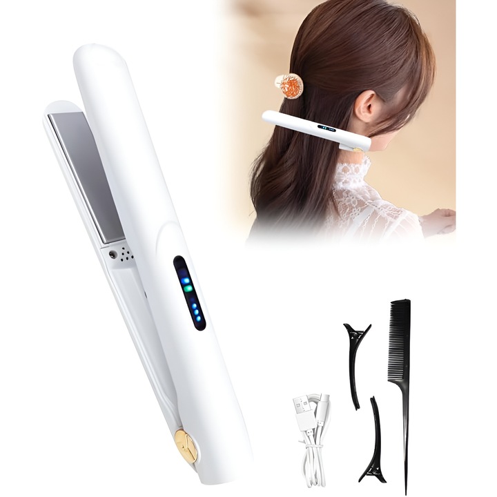 Placa de par Wireless 2 in 1, control inteligent temperatura, incalzire rapida, 160-200°C, display LED, baterie 2600 mAh, incarcare USB, tehnologie ioni negativi, ceramica, pentru indreptare si ondulare, protectie par, Placa fara fir portabila