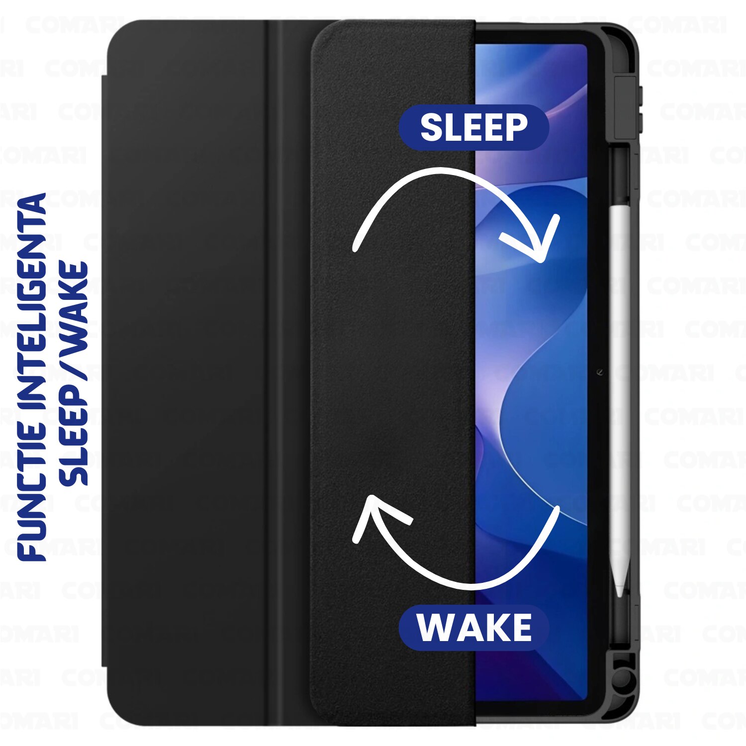 Husa pentru Samsung Galaxy Tab A11 / A9 Comari® EliteCover, protectie completa, functie stand trifold, suport stylus integrat, design elegant tip carte, Albastru Inchis