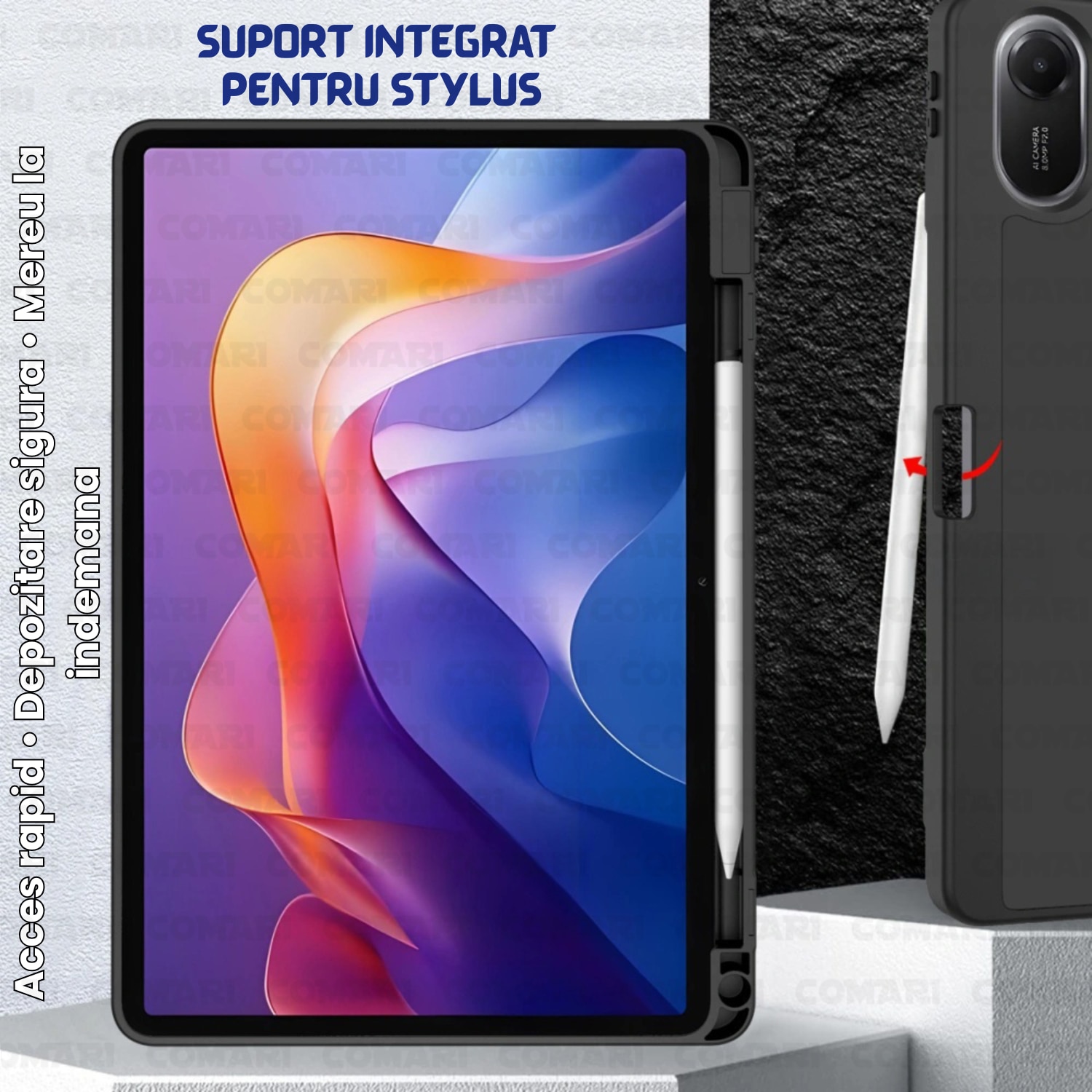 Husa pentru Samsung Galaxy Tab A11 / A9 Comari® EliteCover, protectie completa, functie stand trifold, suport stylus integrat, design elegant tip carte, Albastru Inchis