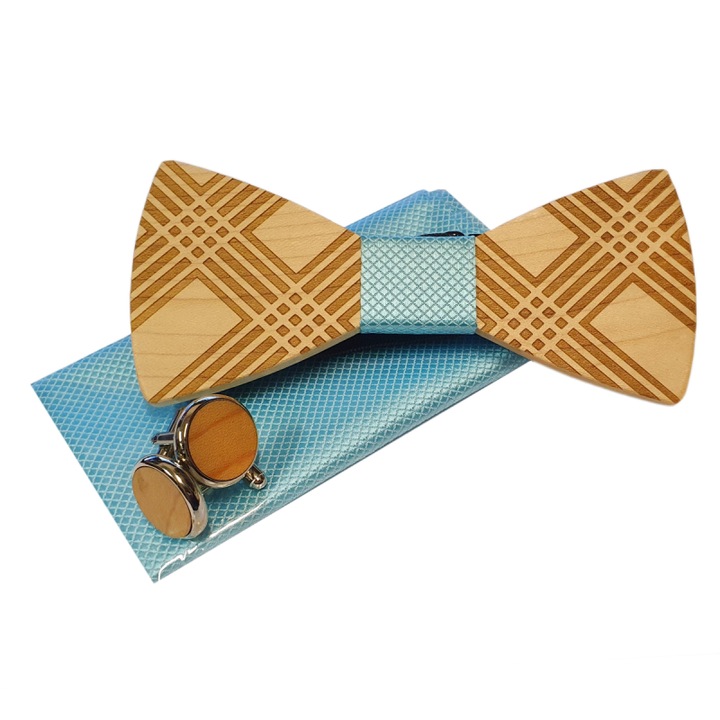 Papion din lemn cu batista si butoni Mahoosive