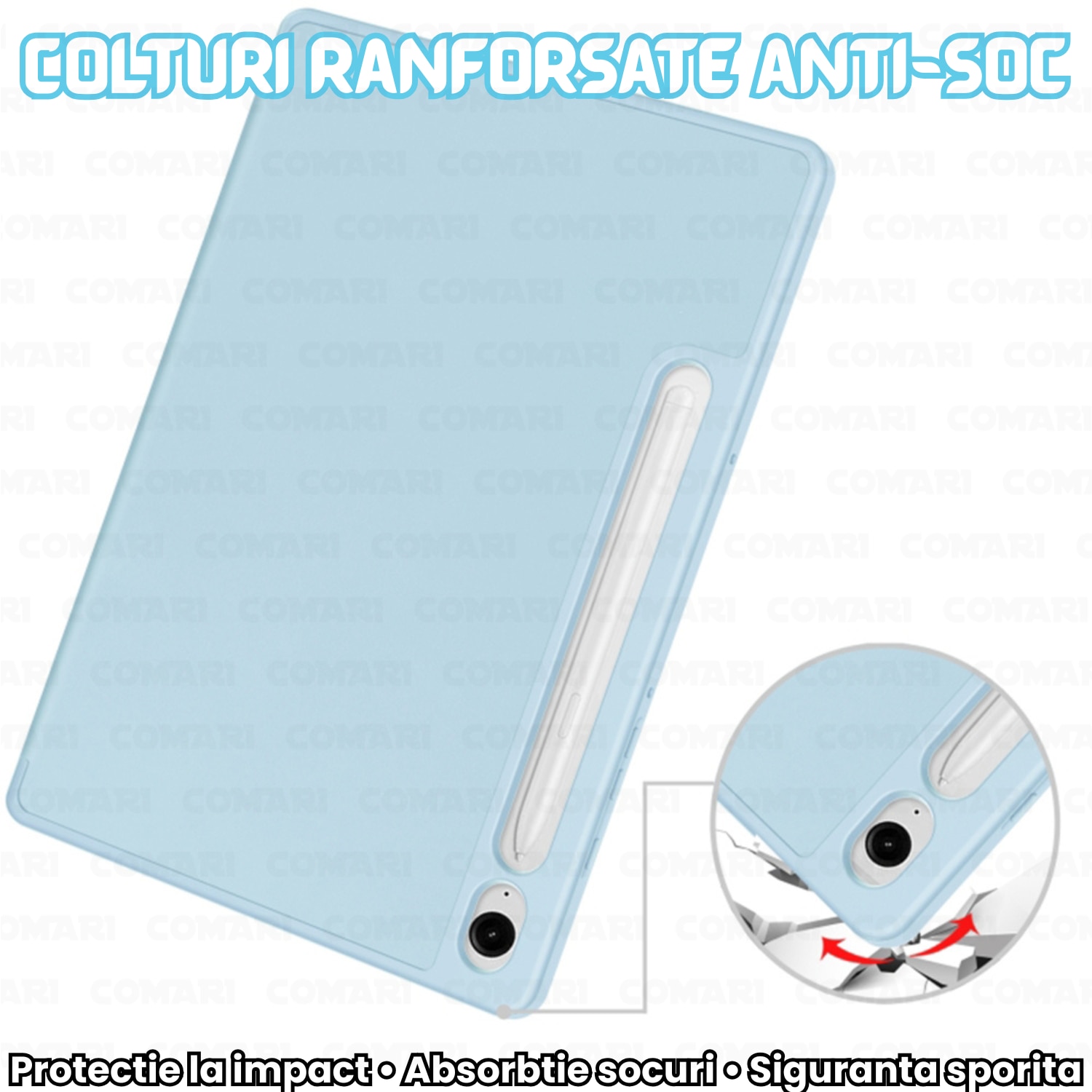 Husa pentru Samsung Galaxy Tab S9 / S9 FE / S10 FE Comari® EliteCover, protectie completa, functie stand trifold, suport stylus integrat, design elegant tip carte, Albastru Deschis