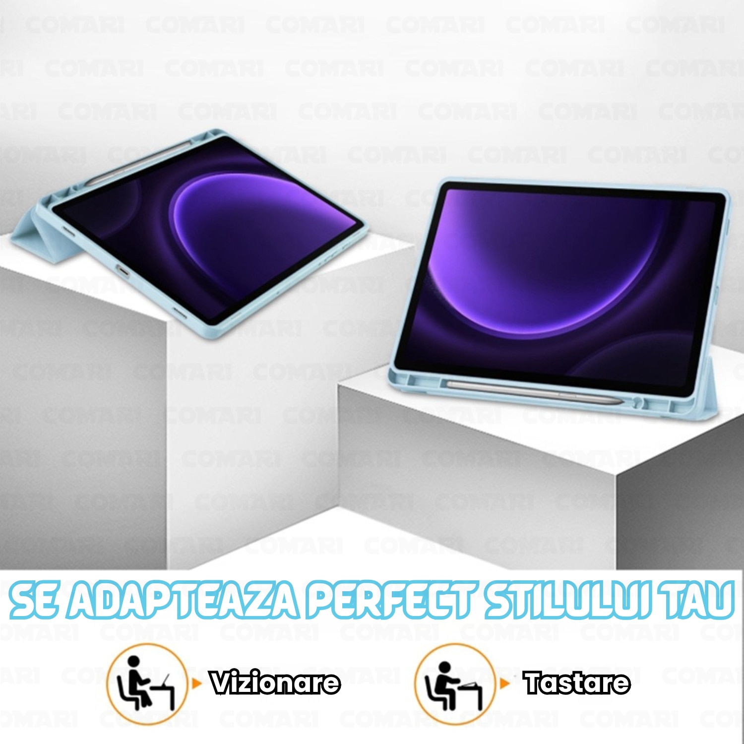 Husa pentru Samsung Galaxy Tab S9 / S9 FE / S10 FE Comari® EliteCover, protectie completa, functie stand trifold, suport stylus integrat, design elegant tip carte, Albastru Deschis