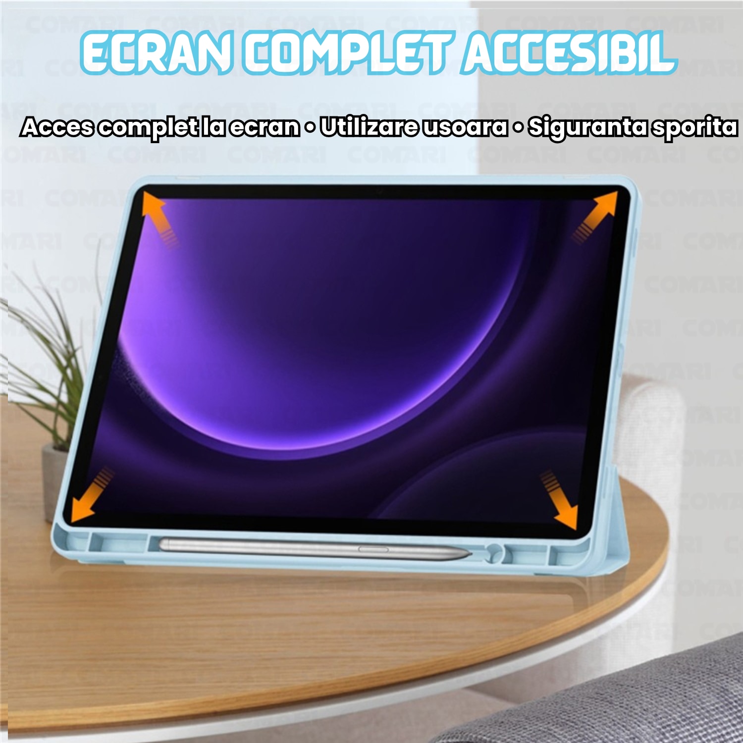 Husa pentru Samsung Galaxy Tab S9 / S9 FE / S10 FE Comari® EliteCover, protectie completa, functie stand trifold, suport stylus integrat, design elegant tip carte, Albastru Deschis