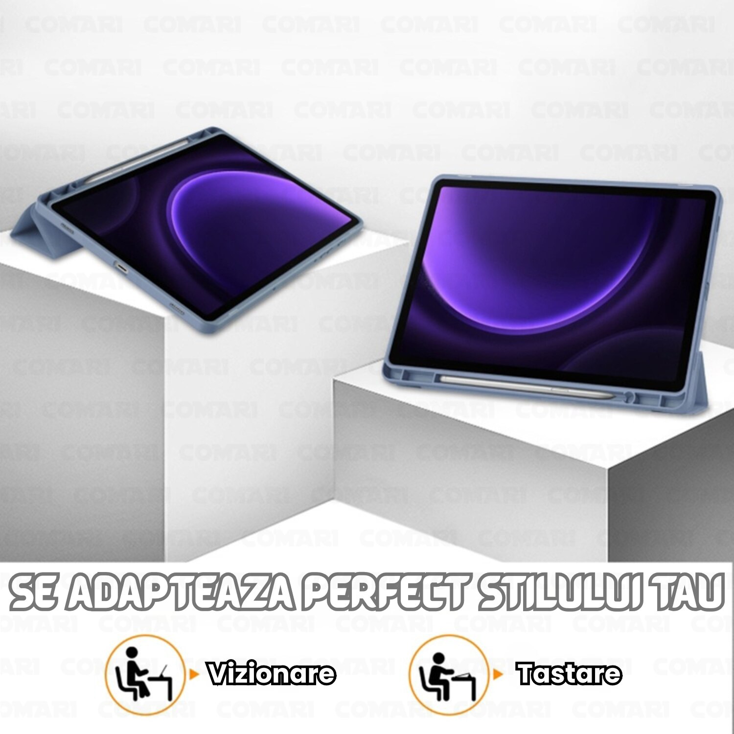 Husa pentru Samsung Galaxy Tab S9 / S9 FE / S10 FE Comari® EliteCover, protectie completa, functie stand trifold, suport stylus integrat, design elegant tip carte, Gri