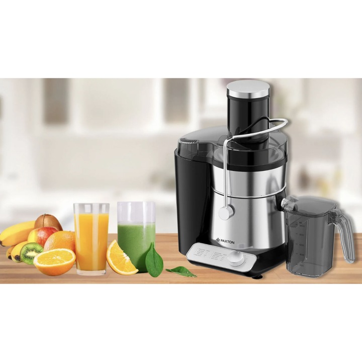Storcator de fructe si legume, Paxton, 1000 W, 3 viteze, recipient pulpa 2 litri, recipient suc 1 litru, argintiu cu negru, otex inoxidabil, Element fixare capac, perie inclusa, 1 m, 230 V, 3.6 kg