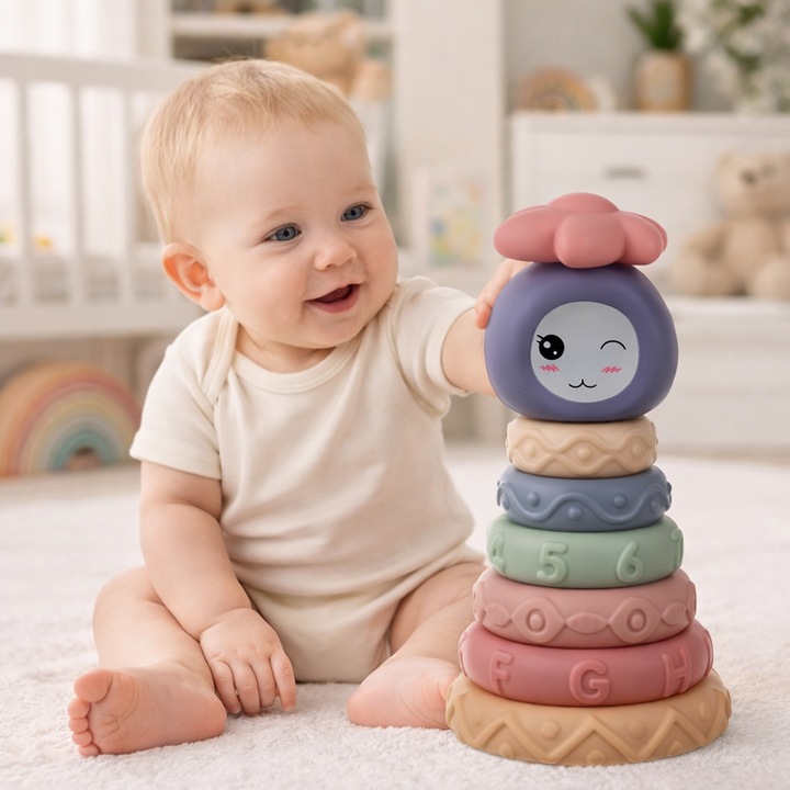 Jucarie din silicon tip piramida cu inele Kruzzel, moale, multicolor, 6 luni+, texturi variate si sunete, 19 x 10 x 10 cm