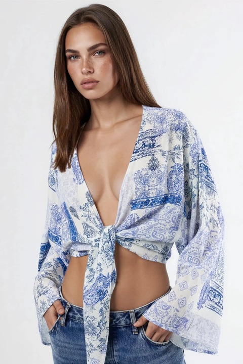 Bluza dama, Busem, Decolteu in V, Albastru