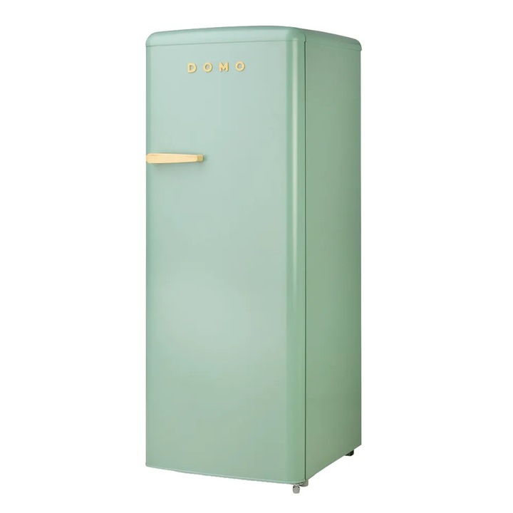 Frigider Retro DOMO, capacitate 225 litri, H 144.5 cm, temperatura reglabila, 5 rafturi din sticla/4 reglabile pe inaltime, 4 compartimente pe usa, compartiment fructe/legume, iluminare interioara, functionare silentioasa, maner ergonomic, verde mat