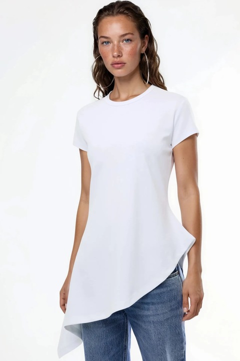 Tricouri dama, Busem, tricou asimetric, maneca scurta, alb, 96% bumbac