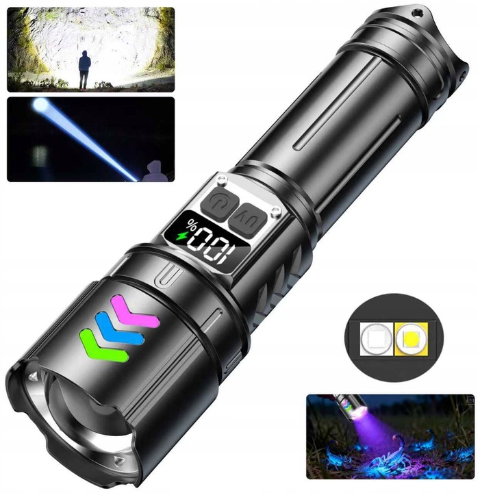 LED тактически фенер с акумулаторна батерия MOCNA, увеличение + UV, 2 в 1, черен