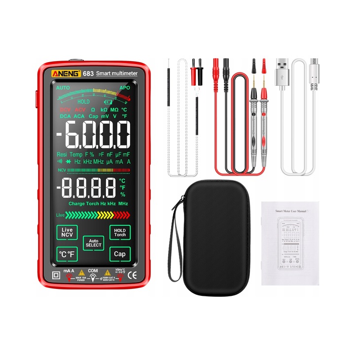 Multimetru digital Aneng 683, rosu, ecran tactil, masurare tensiune AC/DC, set complet