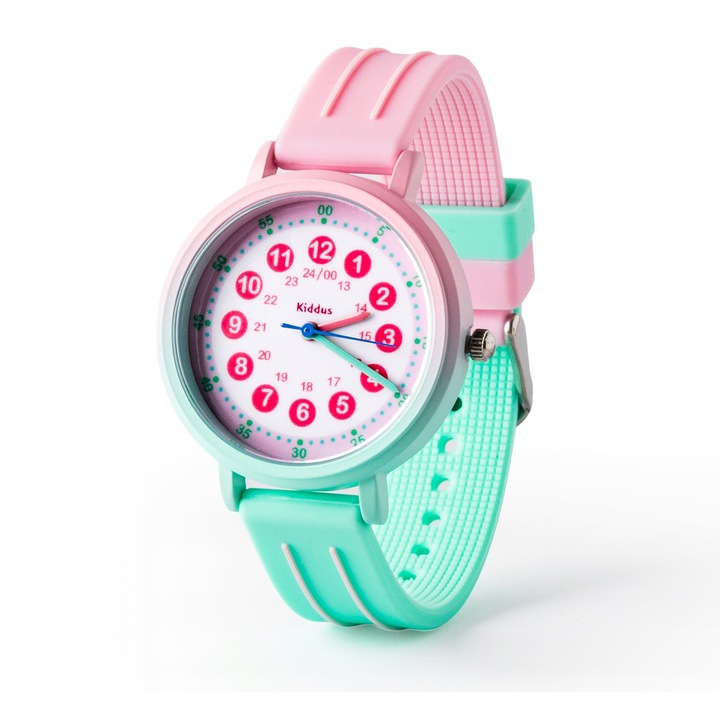 Ceas pentru copii Kiddus, invatare citirea orei, roz-mint, reglabil, rezistent la apa