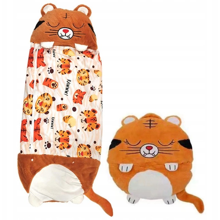 Sac de dormit pentru copii cu perna 2 in 1, model Tigru, 160x60cm