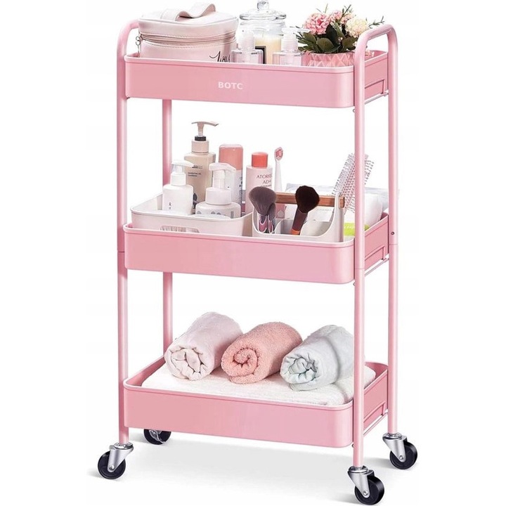 Carucior de bucatarie pe roti - 4 rafturi - Organizator mobil roz BOTC