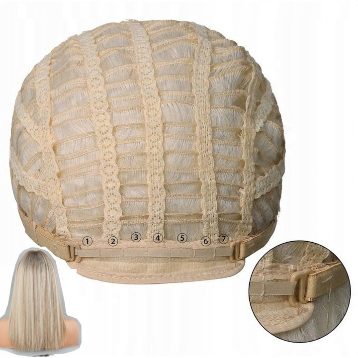 Peruca sintetica, blonda, 40cm, cu breton, set cu boneta