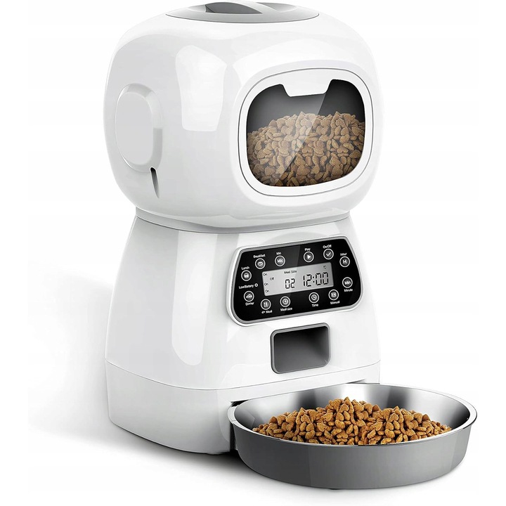 Dispenser automat de hrana pentru pisici 3,5L, cu inregistrare vocala, alimentare duala, inox, set