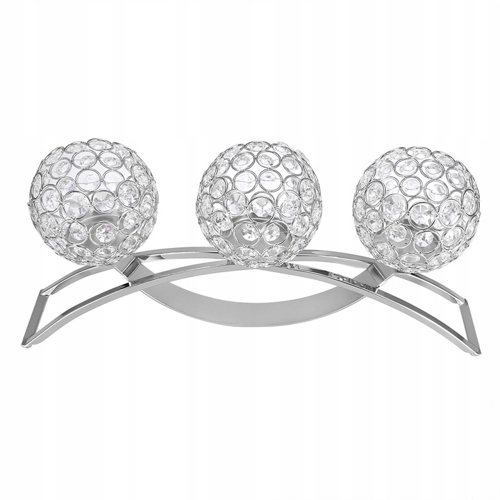 Suport lumanari, 3 ramuri, design clasic, cristal, argintiu, 40x19cm