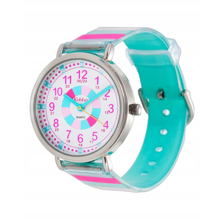 Ceas educativ pentru copii Kiddus, roz si turcoaz, mecanism japonez, rezistent la apa, set cu exercitii pentru invatarea timpului