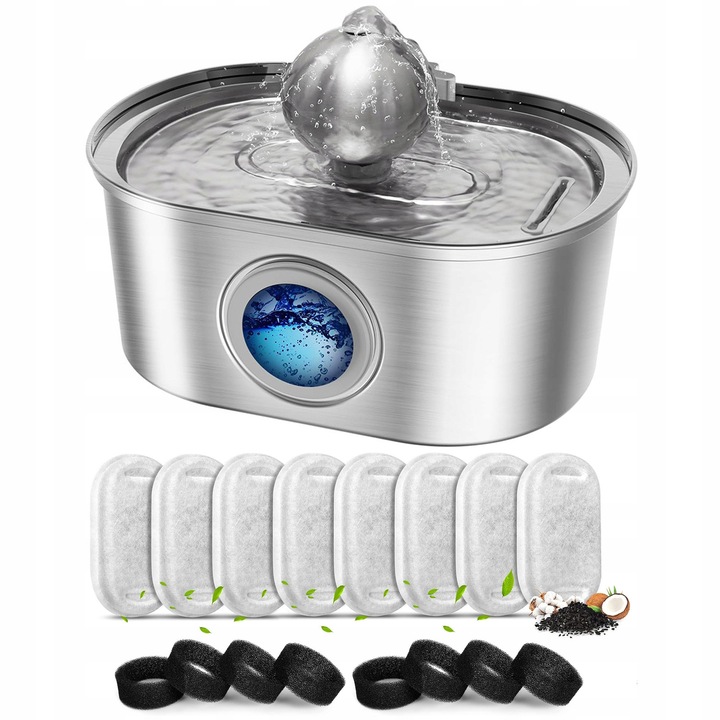 Fontana pentru animale, 3,2L, cu 8 filtre, din otel inoxidabil, silentioasa, pentru pisici si caini