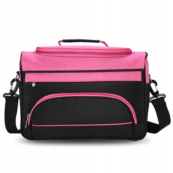 Geanta cosmetica roz cu negru, 35x20x24 cm, capacitate mare, 5 buzunare