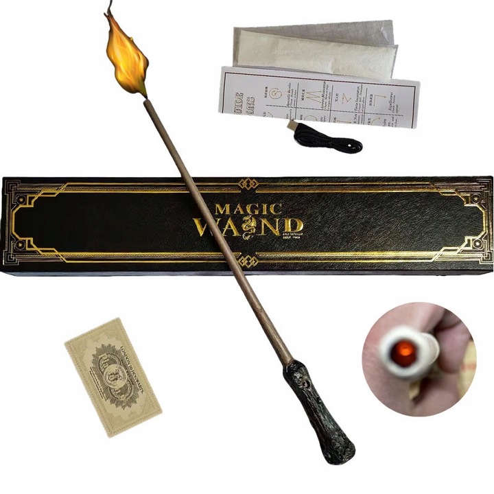 Varázspálca tűzhatással, 38cm, töltőkábellel és speciális papírral