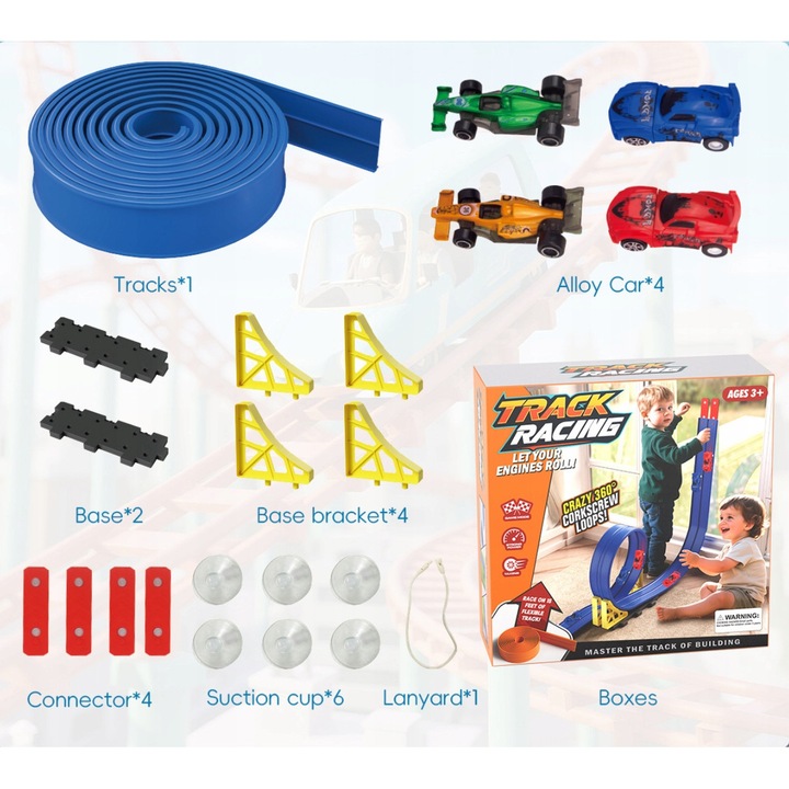 Set complet de circuit flexibil pentru copii, 4m, 2 masinute, multicolor