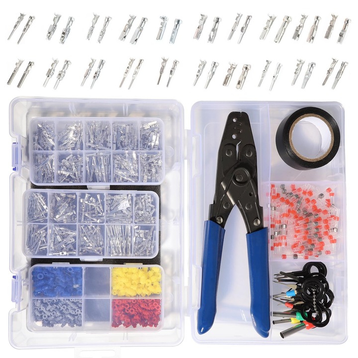 Set conectori auto cu unelte de crimpare, 200 buc, dimensiuni 1,0/1,5/3,5 mm, 1,8/2,2/2,8 mm, rezistent la apa