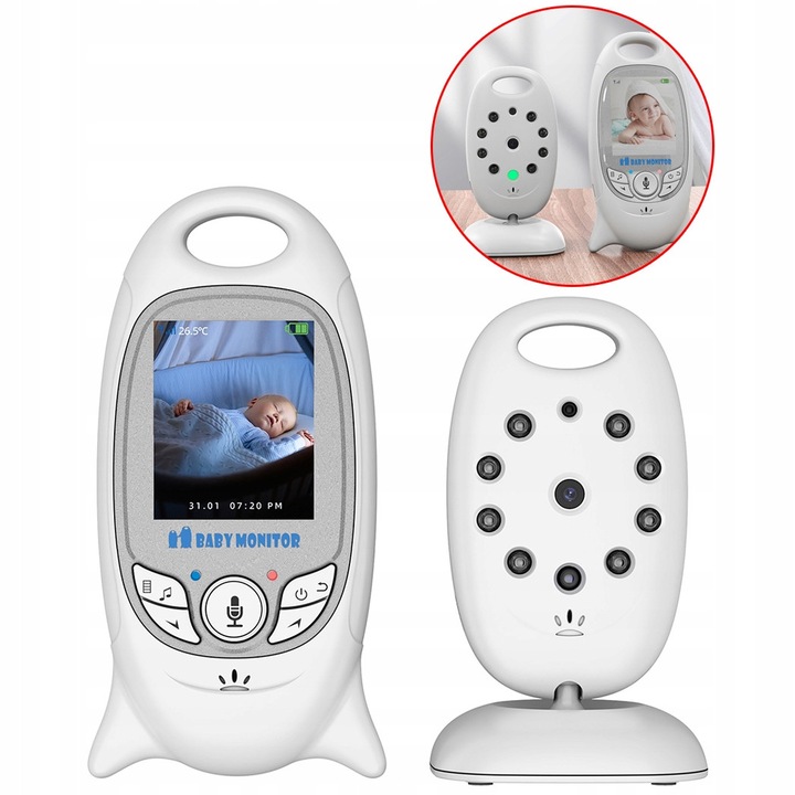 Boifun bébi videó monitor, 2.0" LCD, VOX funkció, hőmérséklet érzékelő, 540mAh akkumulátor, fehér